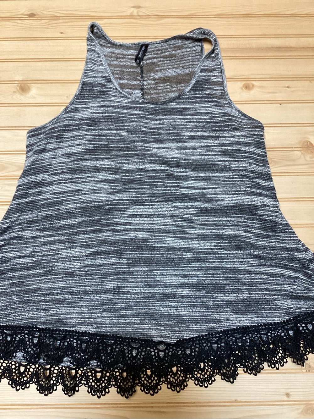 Massini Lightweight Heather Black Gray Crochet Lace Hem Loose Swing Tank Top 1X